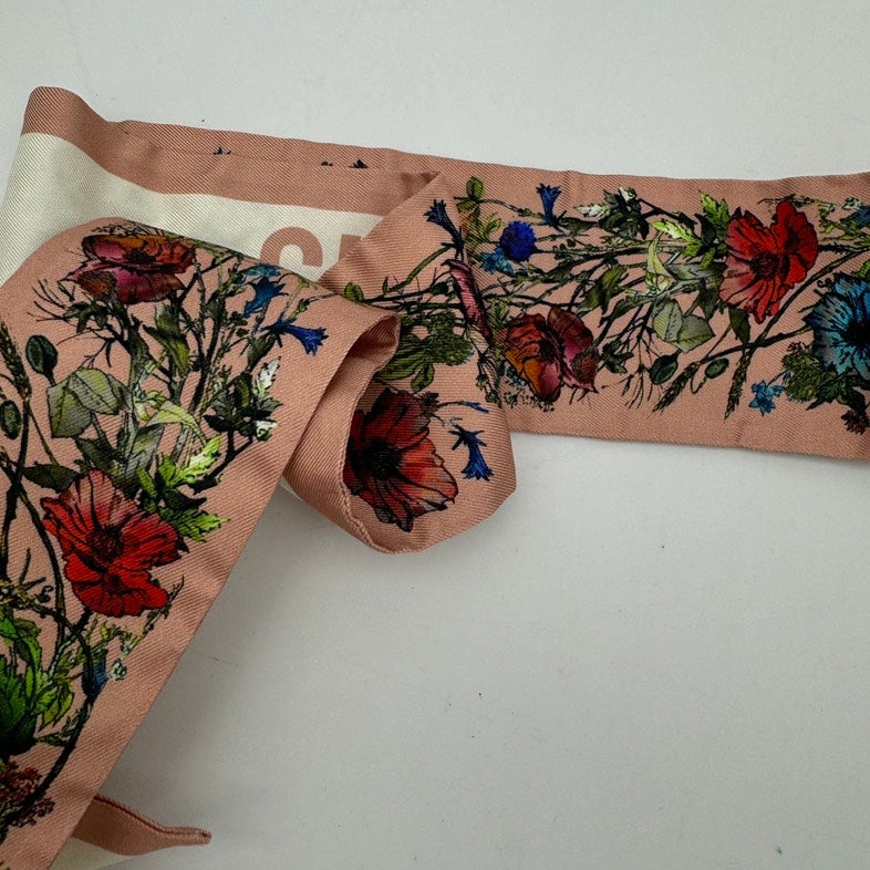 Christian Dior Flower Twilly Scarf - Pink and White, Floral Print, One Size