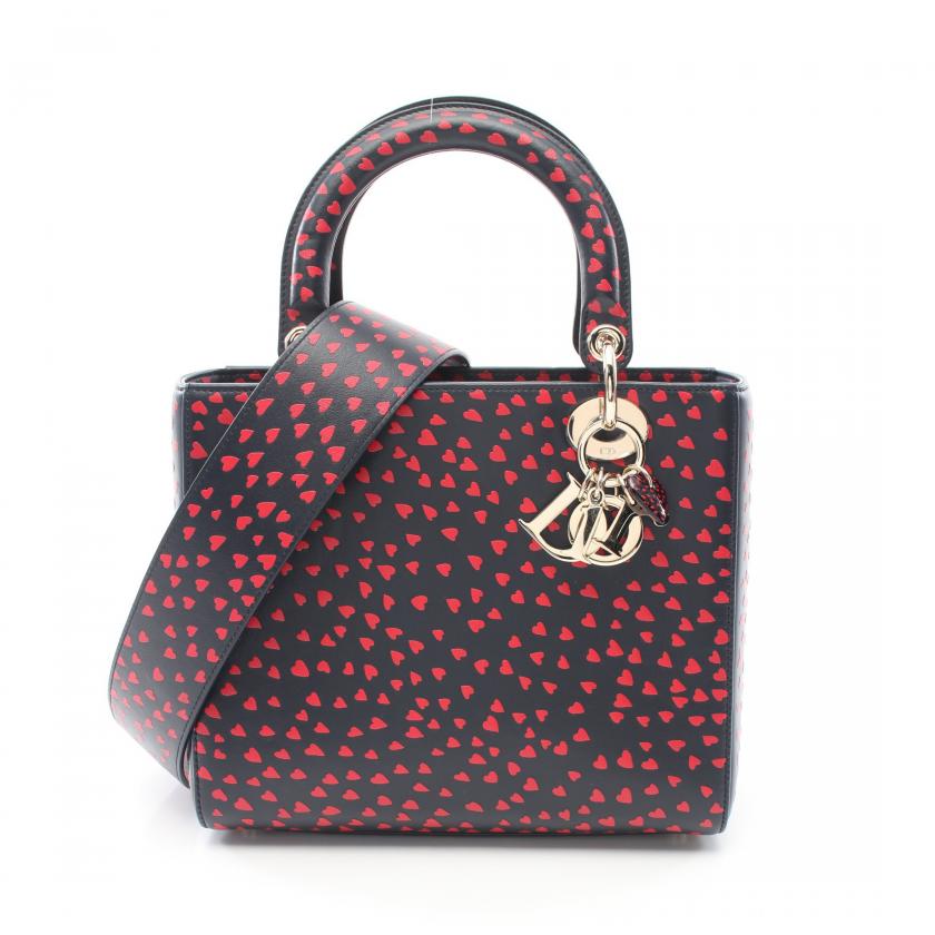 Christian Dior Lady Dior Navy Red Heart Leather 2Way Handbag