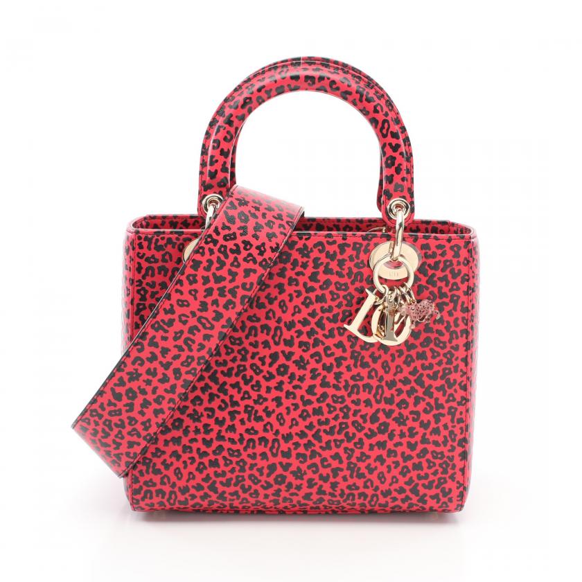 Christian Dior Lady Dior Leopard Leather Handbag Pink Red Black 2WAY