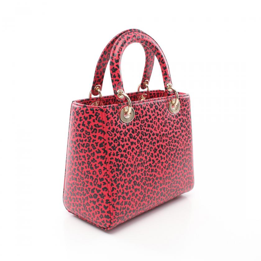 Christian Dior Lady Dior Leopard Leather Handbag Pink Red Black 2WAY