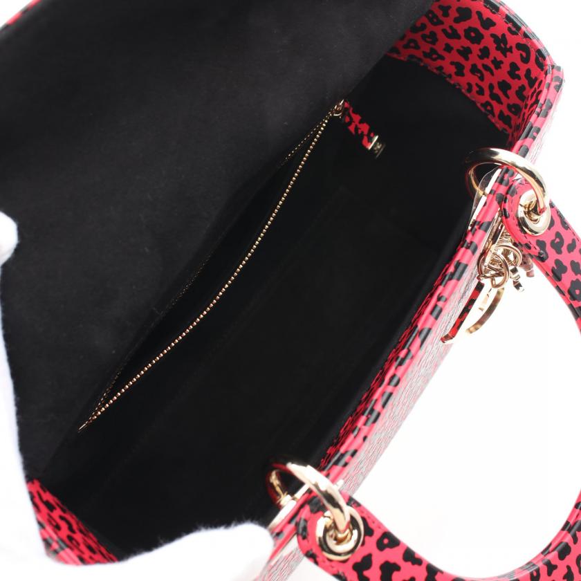 Christian Dior Lady Dior Leopard Leather Handbag Pink Red Black 2WAY