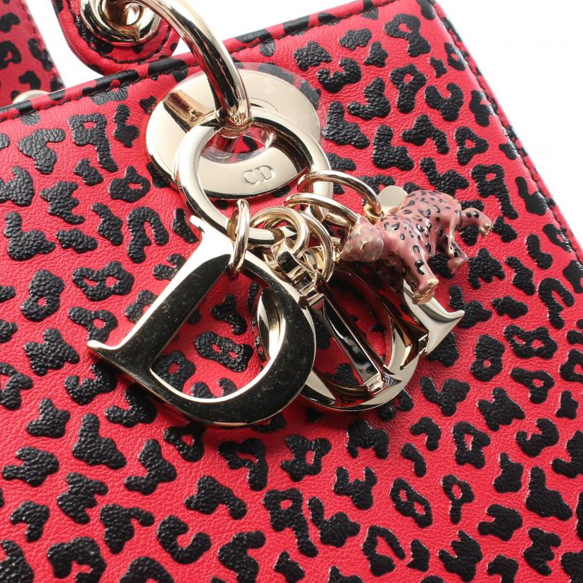 Christian Dior Lady Dior Leopard Leather Handbag Pink Red Black 2WAY