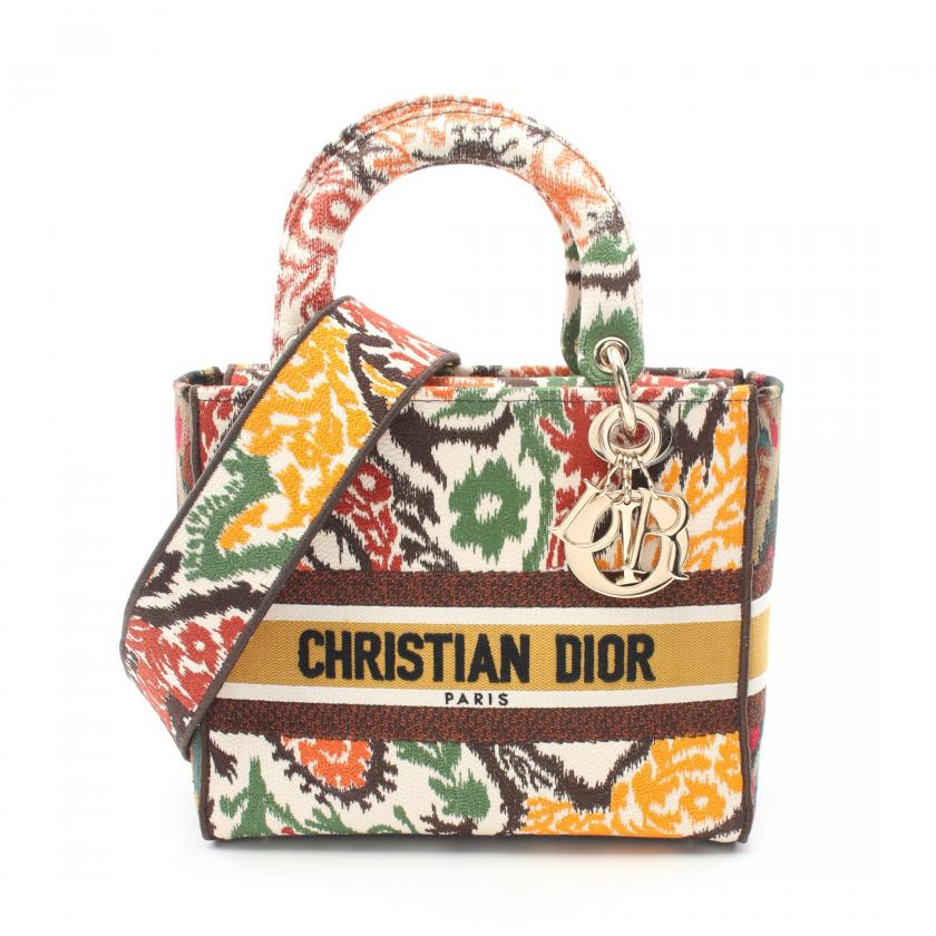 Christian Dior Lady D-Lite Medium 2WAY Handbag Embroidery Canvas Multicolor Ivory Brown
