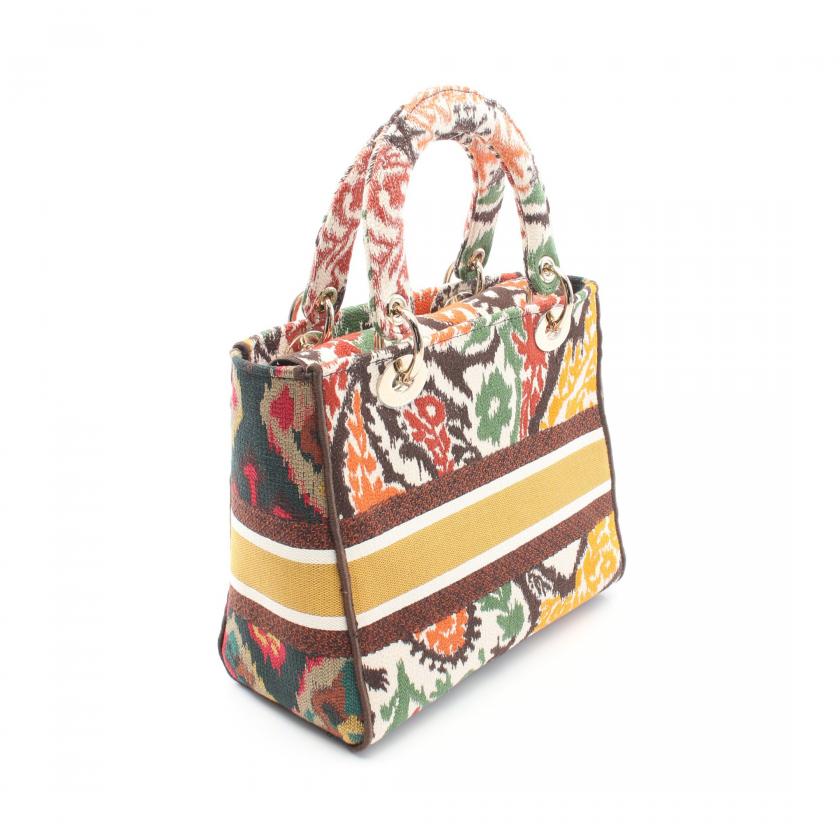 Christian Dior Lady D-Lite Medium 2WAY Handbag Embroidery Canvas Multicolor Ivory Brown