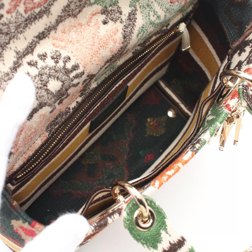Christian Dior Lady D-Lite Medium 2WAY Handbag Embroidery Canvas Multicolor Ivory Brown