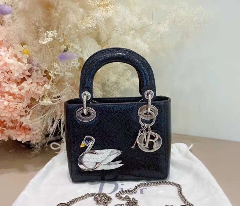 Christian Dior Lady Dior Limited Edition Embellished Crackled Black Mini Handbag