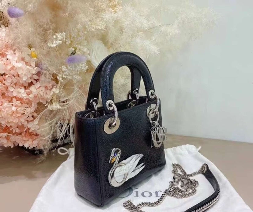 Christian Dior Lady Dior Limited Edition Embellished Crackled Black Mini Handbag