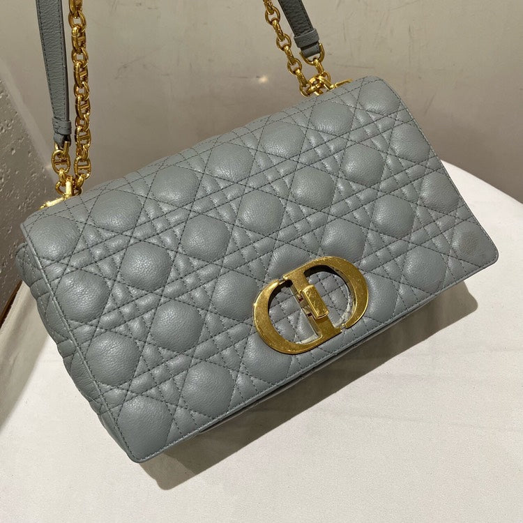 Dior Caro Gray Quilted Leather Chain Shoulder Bag Medium