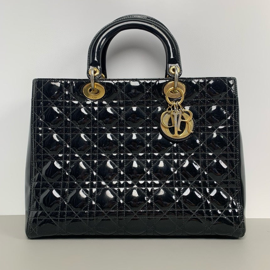 Christian Dior Lady Dior Black Patent Leather Tote Bag 31cm