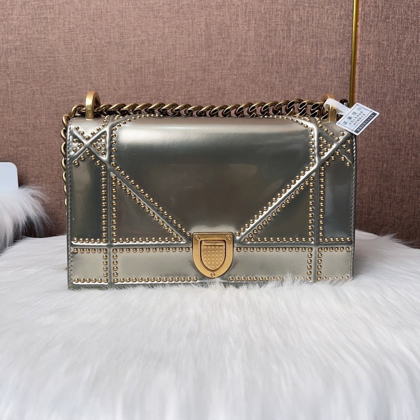 Dior Diorama Gold Metallic Studded Shoulder Bag Medium