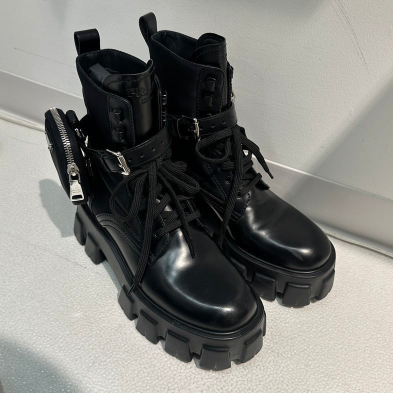 Prada Monolith Combat Boots Black Leather 37.5