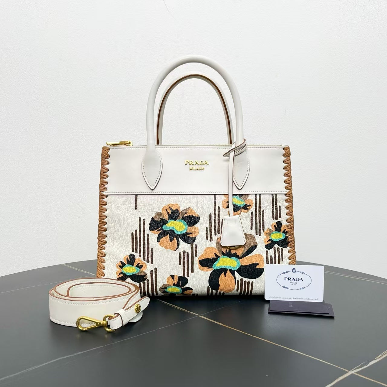 Prada Double Tote White Floral Leather Satchel/Top Handle Bag