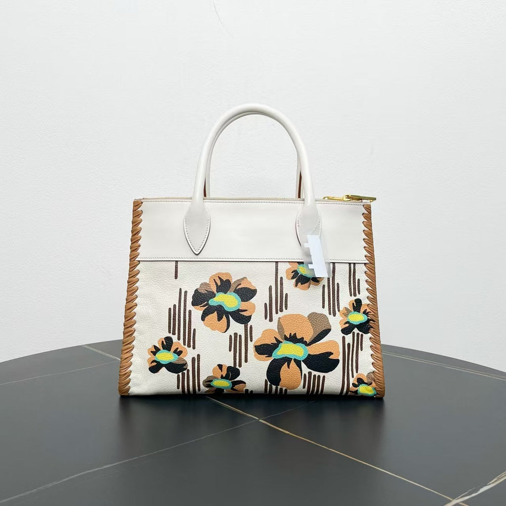 Prada Double Tote White Floral Leather Satchel/Top Handle Bag