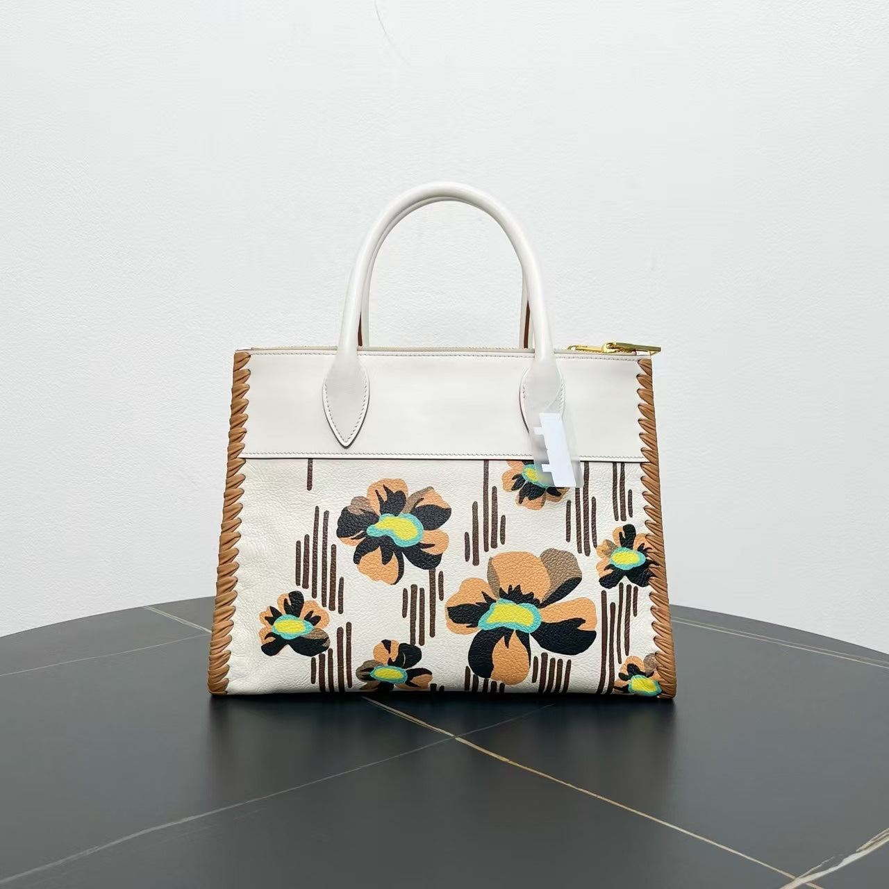 Prada Double Tote White Floral Leather Satchel/Top Handle Bag