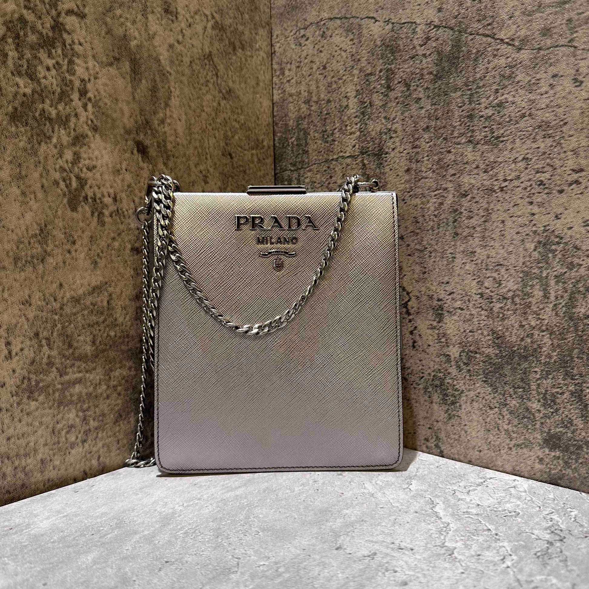 🛍️Preloved Prada elegant silver evening bag