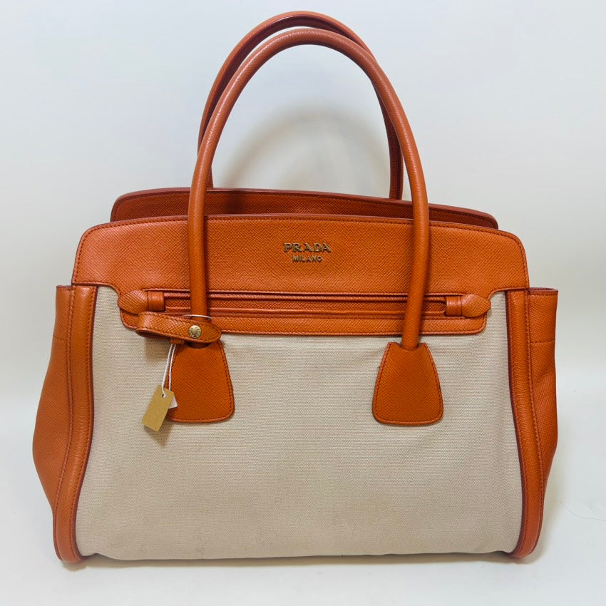 Preloved Prada Two-Tone Top Handle Bag Orange Canvas