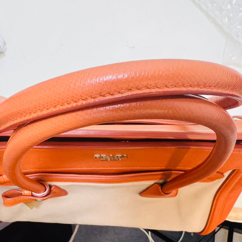 Preloved Prada Two-Tone Top Handle Bag Orange Canvas