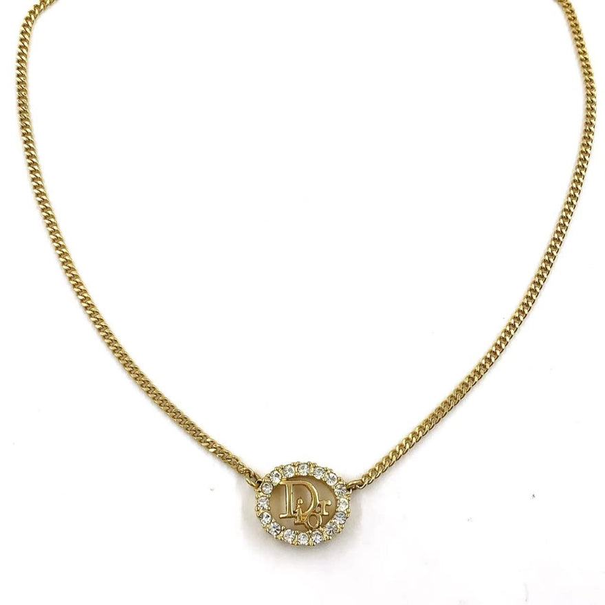 Christian Dior Rhinestone Necklace LB110093 Gold Pendant