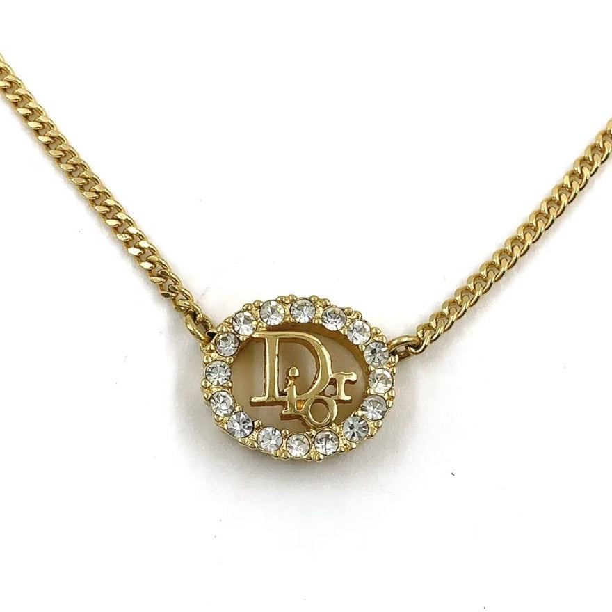 Christian Dior Rhinestone Necklace LB110093 Gold Pendant