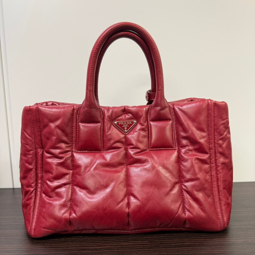 Preloved Prada Puffy Leather Canapa Handbag N444555 Red Satchel