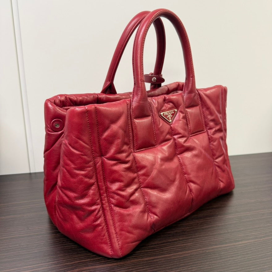 Preloved Prada Puffy Leather Canapa Handbag N444555 Red Satchel