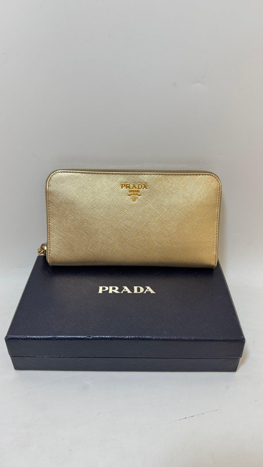 Preloved Prada Saffiano Leather Gold Zip-Around Wallet with Box