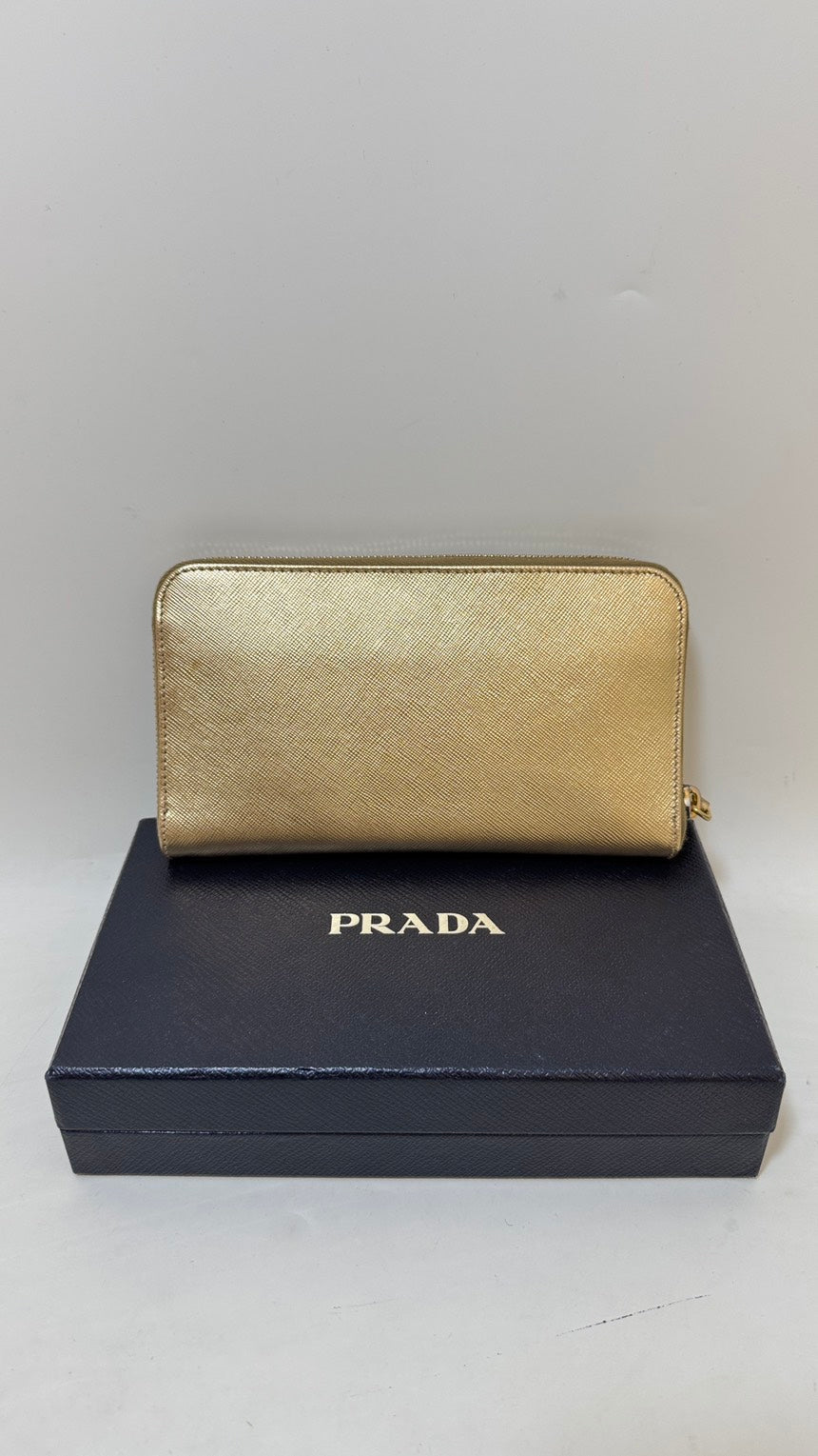 Preloved Prada Saffiano Leather Gold Zip-Around Wallet with Box