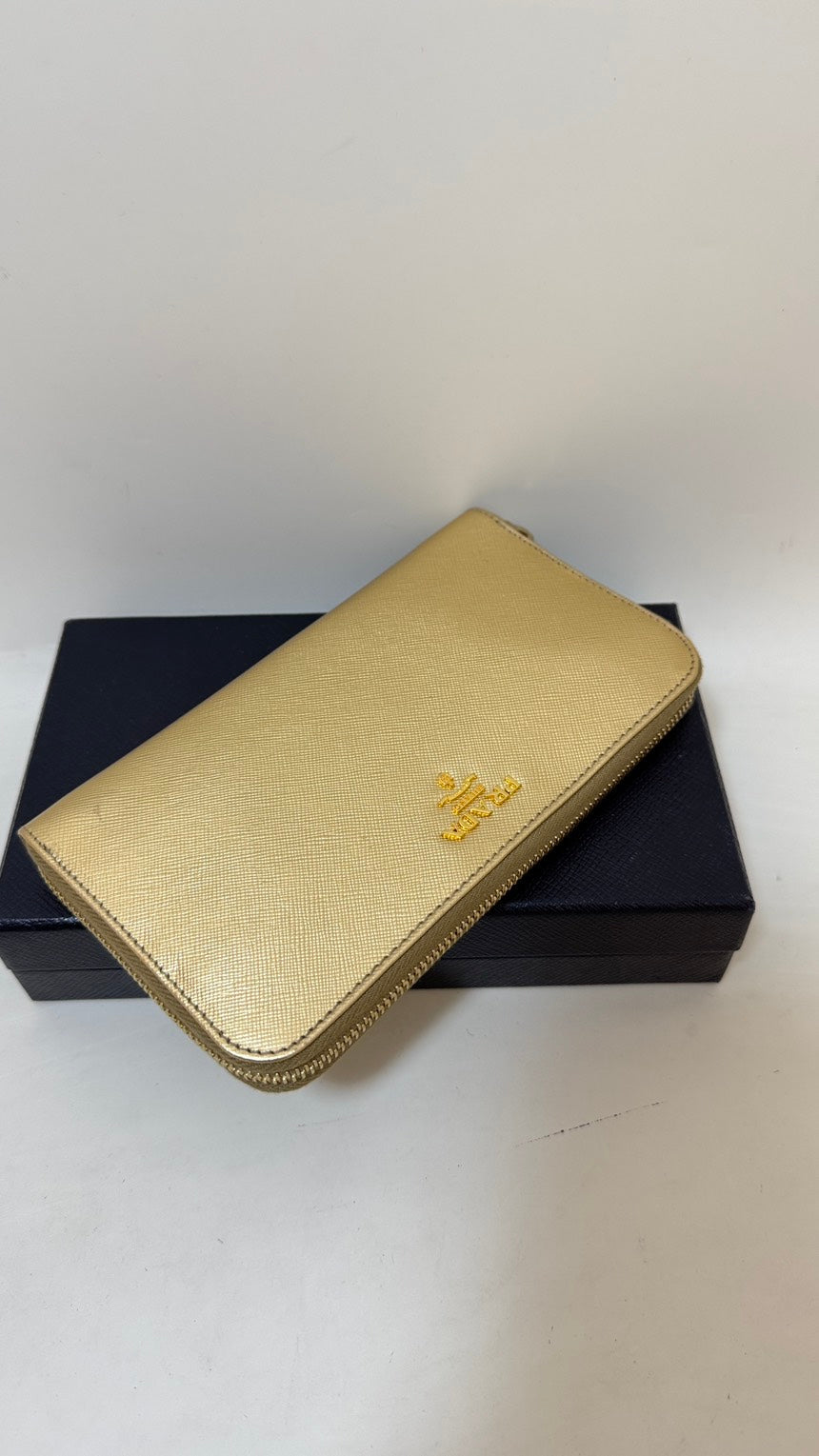 Preloved Prada Saffiano Leather Gold Zip-Around Wallet with Box