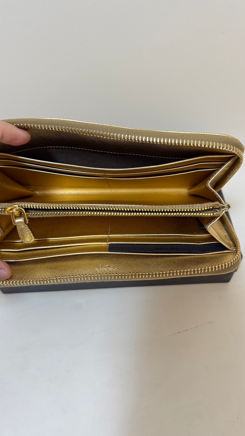 Preloved Prada Saffiano Leather Gold Zip-Around Wallet with Box