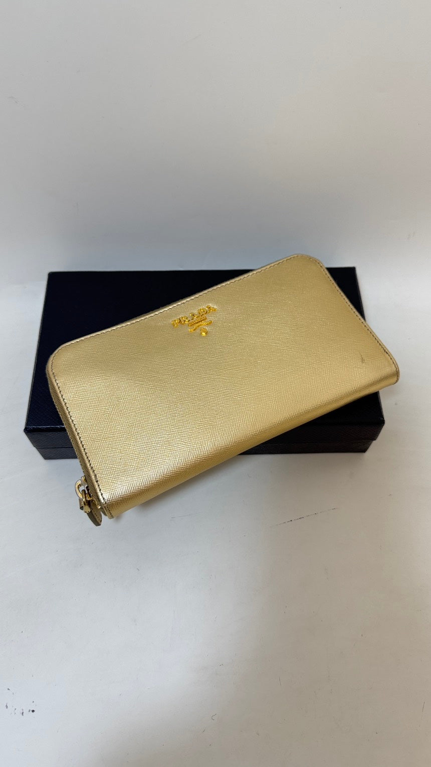 Preloved Prada Saffiano Leather Gold Zip-Around Wallet with Box
