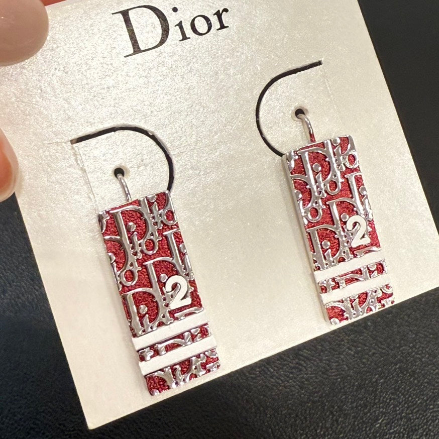 Christian Dior Monogram Post Earrings FM9022 Red Silver